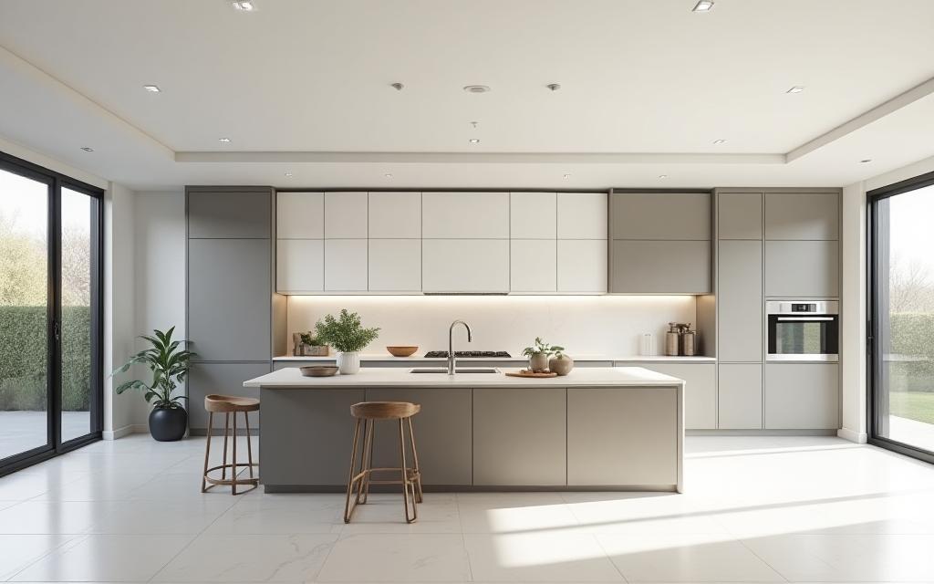 Modern kitchen interior with sleek cabinetry and island, showcasing contemporary design