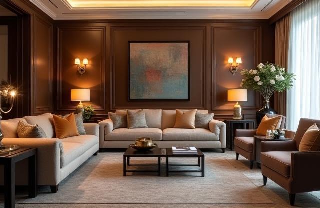 Completed project: Elegant living room interior design with comfortable seating and ambient lighting