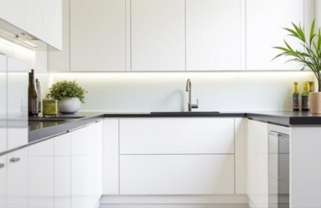 Completed project: Sleek modern kitchen with white cabinets, dark countertops, and minimalist design