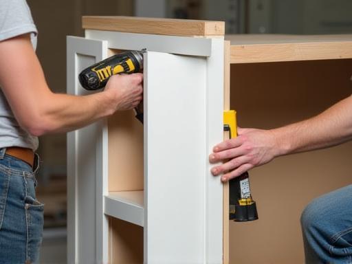 Image showing skilled installers precisely fitting kitchen cabinets into place
